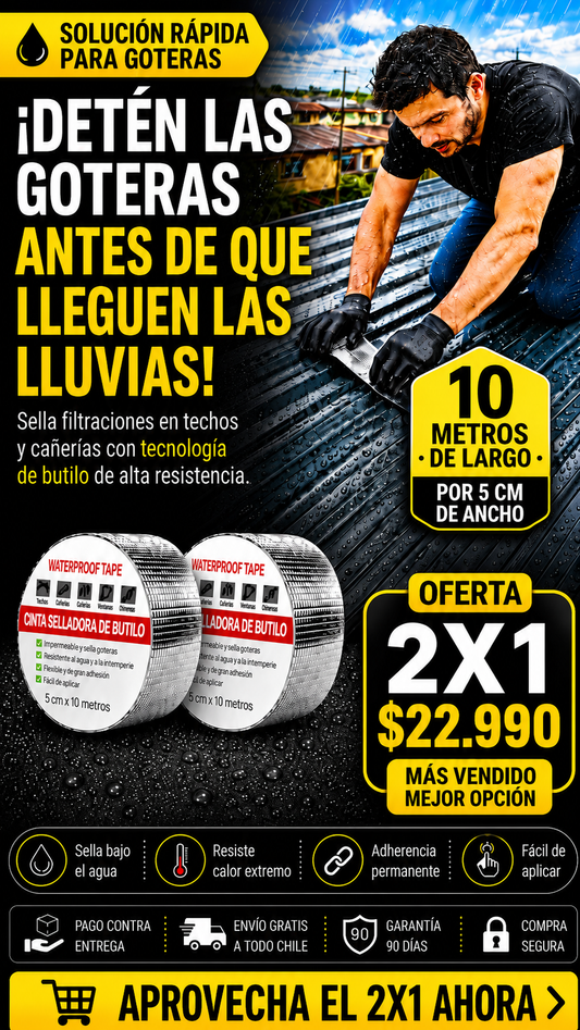 Cinta Adhesiva Tapagoteras Impermeable 10 Metros | Pack 2 Unidades